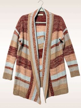 WoolOvers Striped Open Front Cardigan Sweater Size Medium 100% Wool Boho Cozy